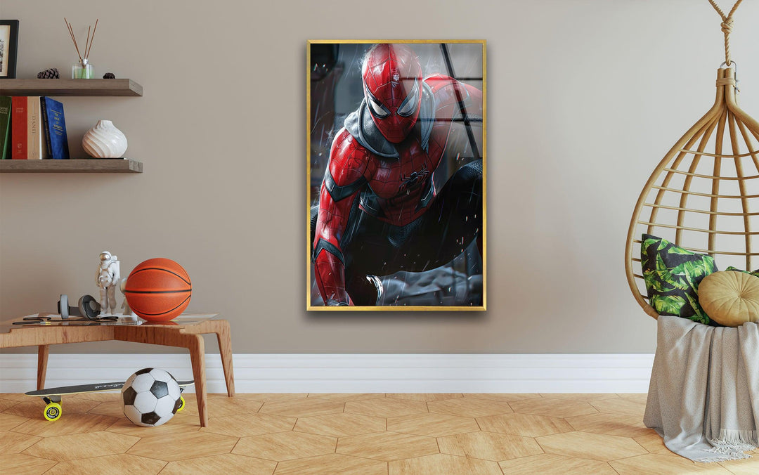 Spider-Man in the Rain Glass Wall Art, photo print on glass, prints on glass wall art