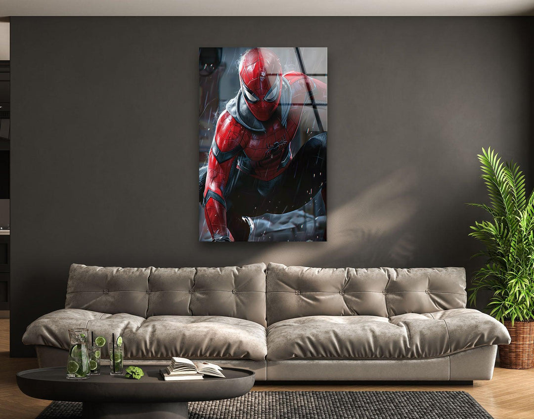 Spider-Man in the Rain Glass Wall Art, picture on glass wall art, photos printed on glass