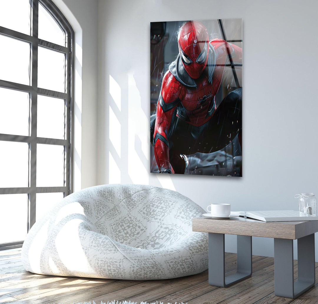 Spider-Man in the Rain Glass Wall Art, glass image printing, glass prints from photos