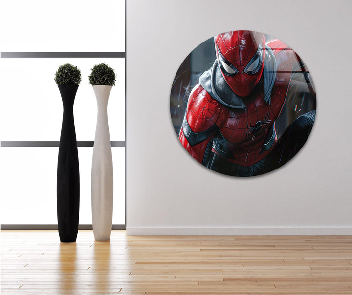 Spider-Man in the Rain Glass Wall Art, glass photo prints, glass picture prints