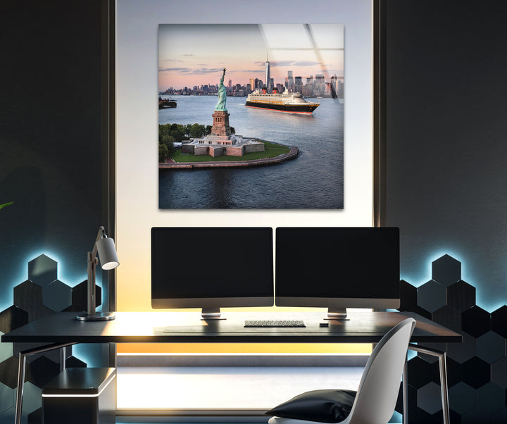 Statue of Liberty and NYC Skyline: Bold American Landmarks on Glass
