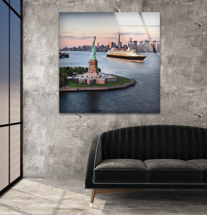 Statue of Liberty and Skyline: Majestic View of New York on Glass
