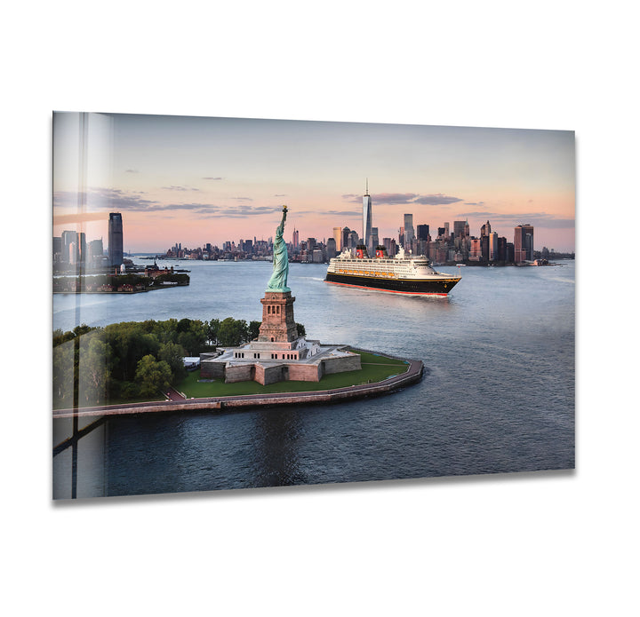 Statue of Liberty and NYC Skyline: Iconic View on Glass Wall Art
