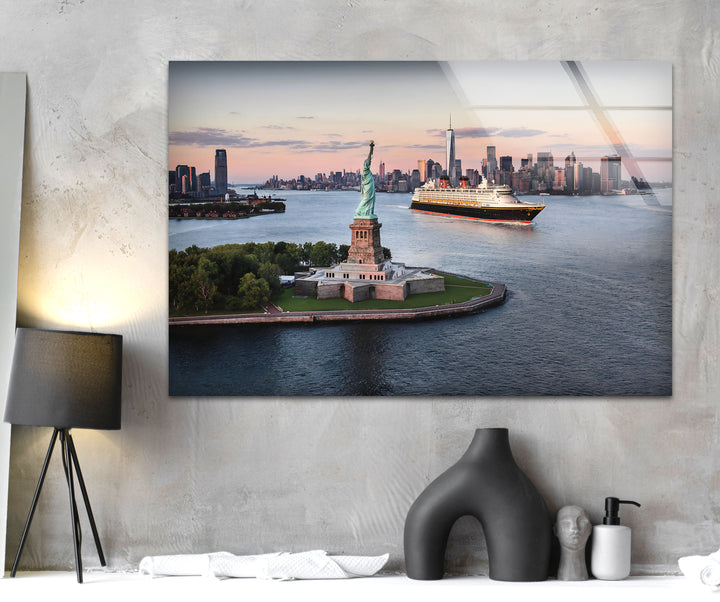 Statue of Liberty and NYC Skyline: Breathtaking View on Glass Wall Art
