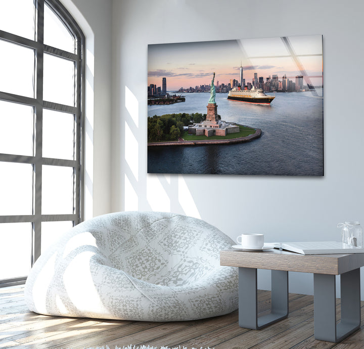 Statue of Liberty and NYC Skyline: Iconic View on Glass Wall Art
