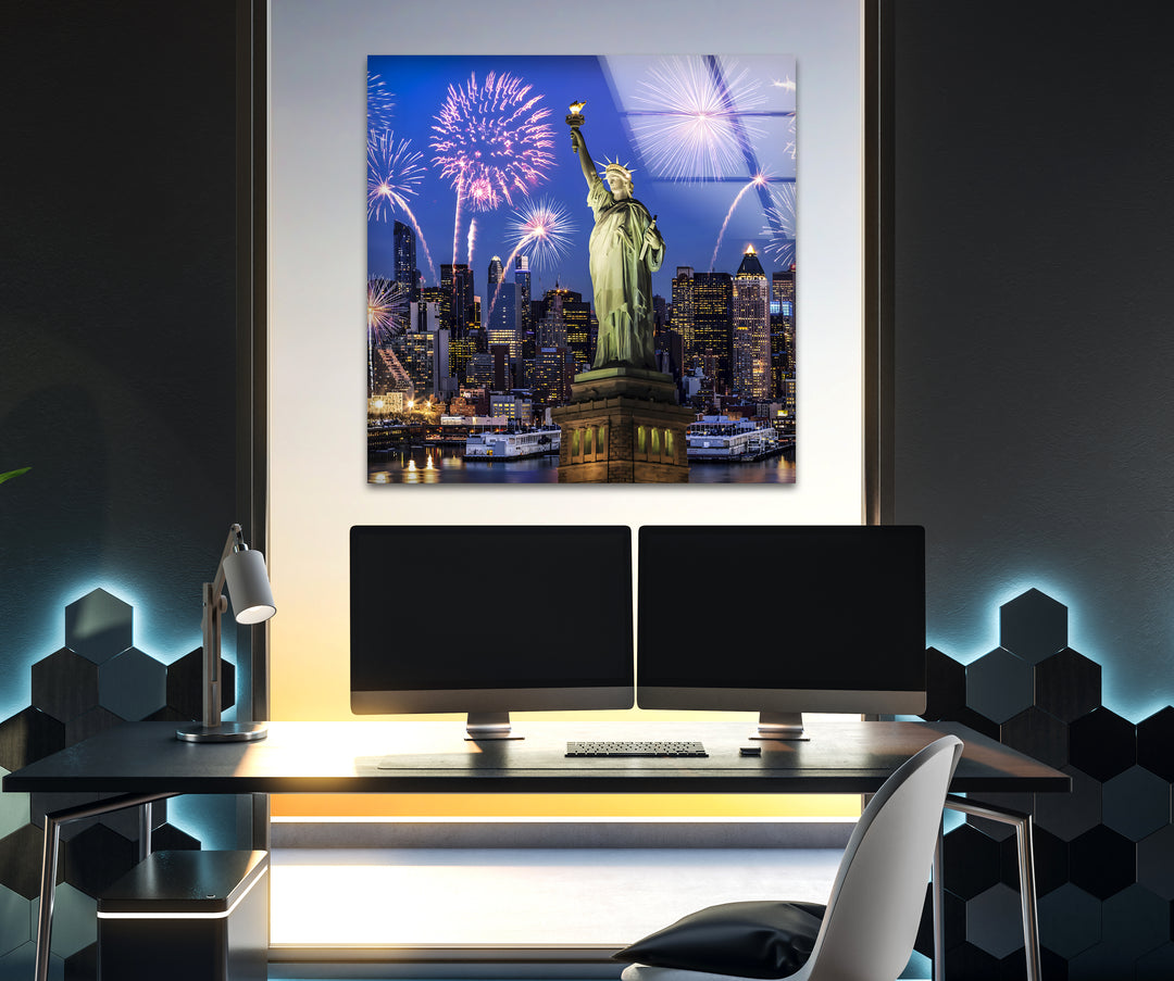 Statue of Liberty Glass Wall Art – Iconic New York Landmark with Fireworks Display