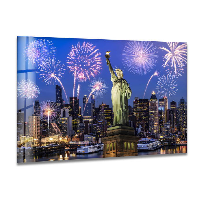 Statue of Liberty Glass Wall Art – Iconic New York Landmark with Fireworks Display