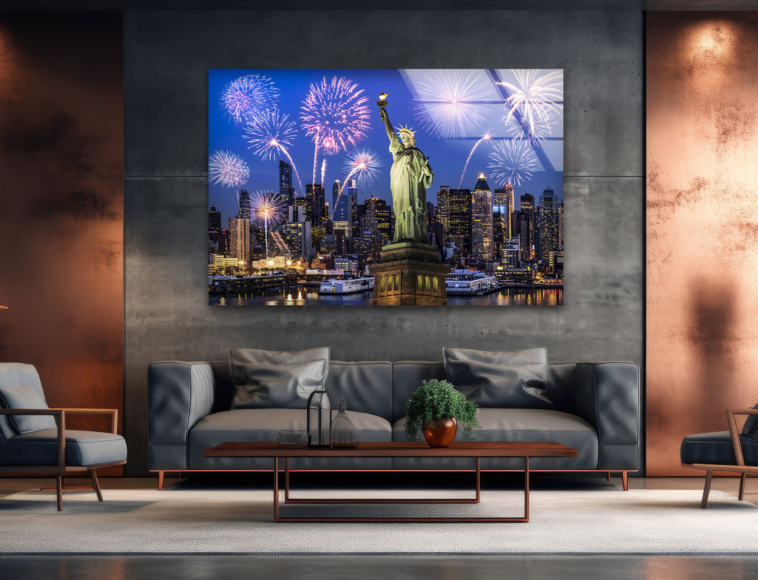 Statue of Liberty Glass Wall Art – Iconic New York Landmark with Fireworks Display