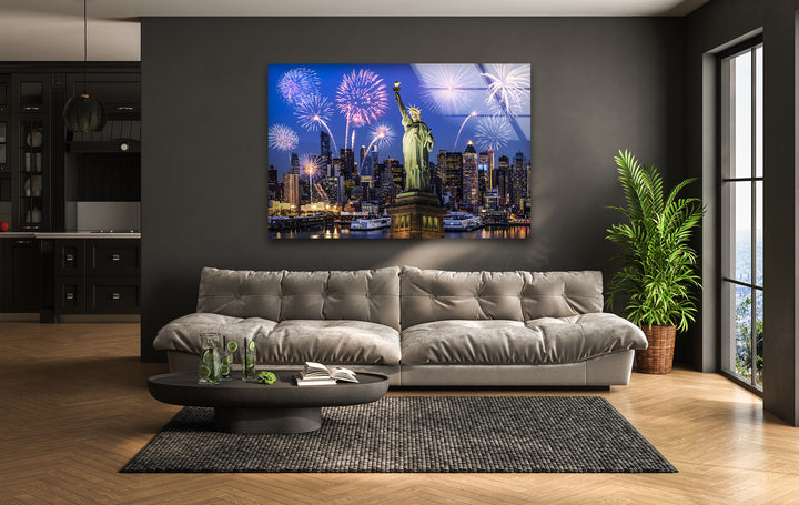 Statue of Liberty Glass Wall Art – Iconic New York Landmark with Fireworks Display