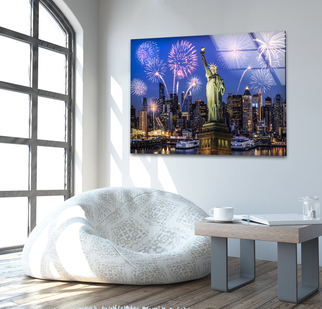 Statue of Liberty Glass Wall Art – Iconic New York Landmark with Fireworks Display