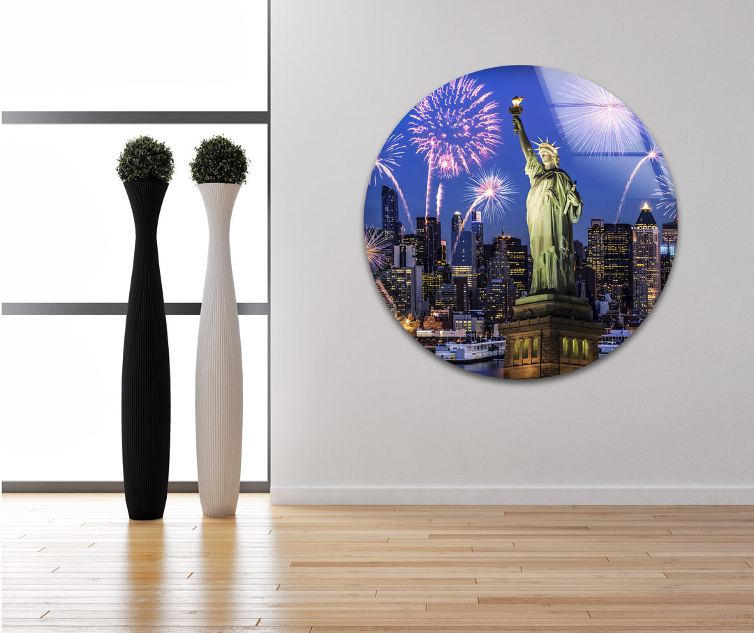 Statue of Liberty Glass Wall Art – Iconic New York Landmark with Fireworks Display