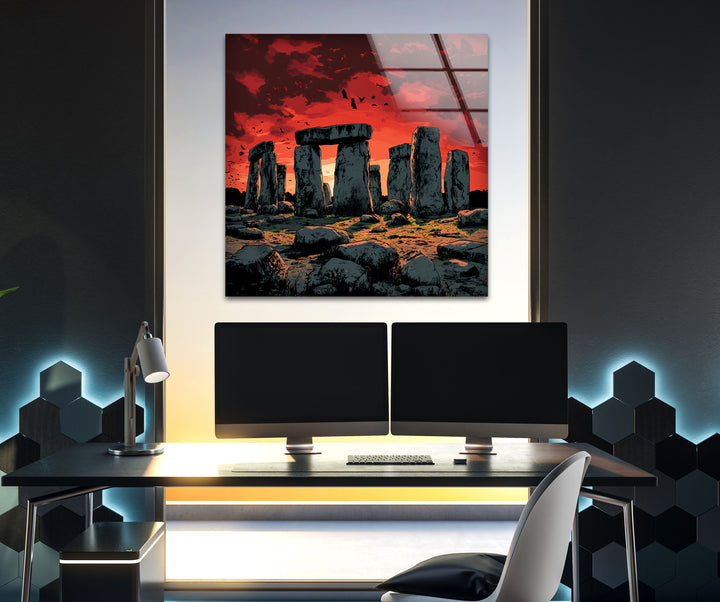 Stonehenge Sunset Glass Wall Art – Ancient Landscape