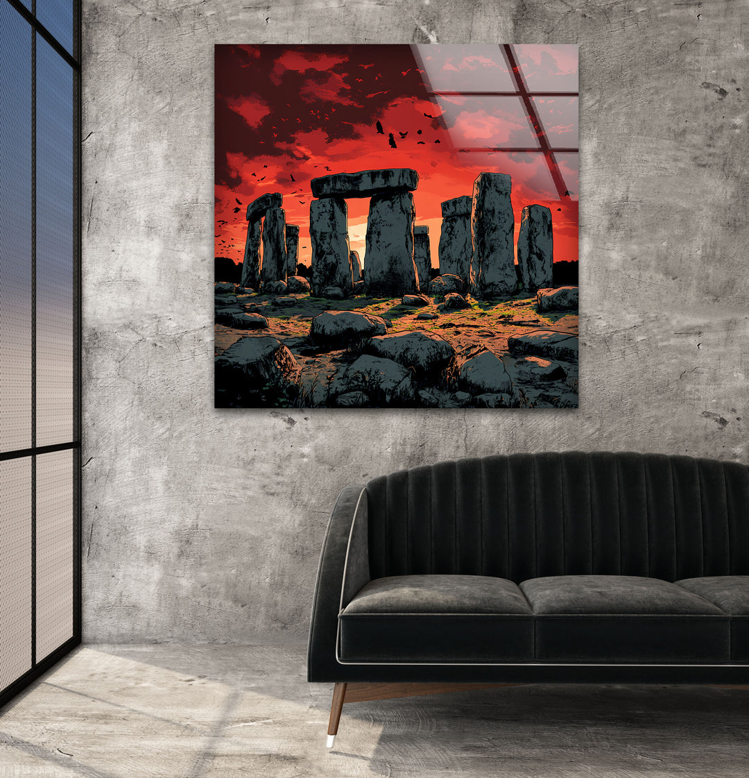 Stonehenge Sunset Glass Wall Art – Ancient Landscape