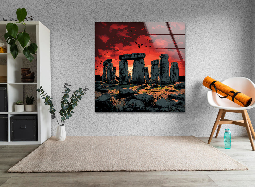 Stonehenge Sunset Glass Wall Art – Ancient Landscape