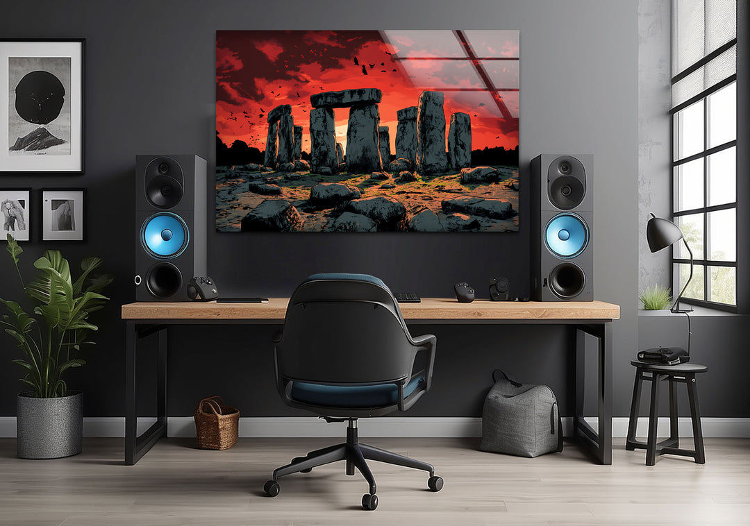 Stonehenge Sunset Glass Wall Art – Ancient Landscape