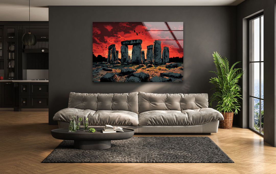 Stonehenge Sunset Glass Wall Art – Ancient Landscape