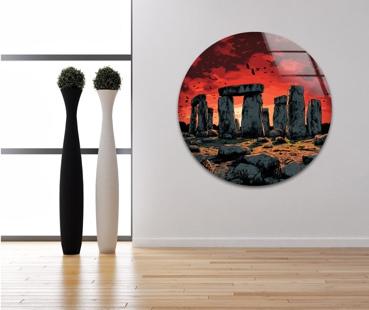 Stonehenge Sunset Glass Wall Art – Ancient Landscape