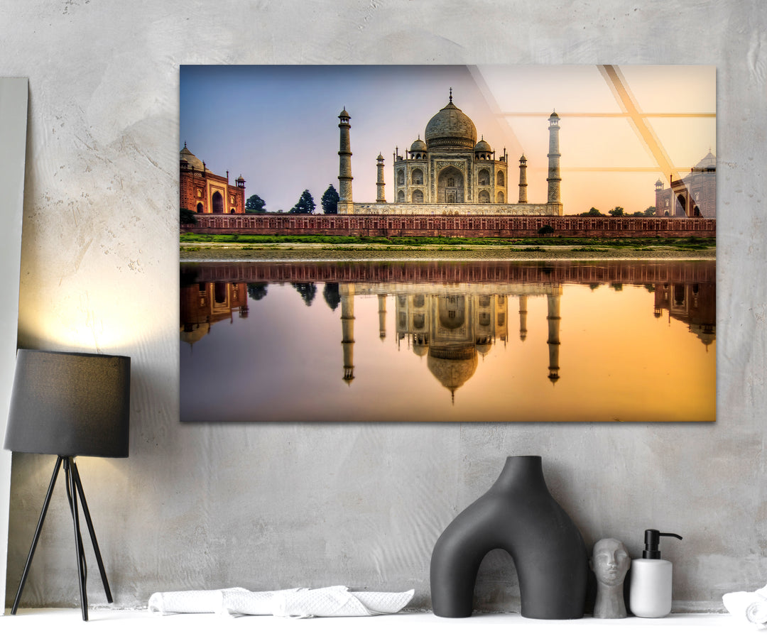 Taj Mahal Glass Wall Art – Majestic Reflection of India’s Iconic Landmark