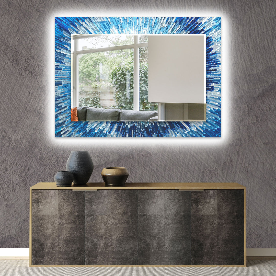 Blue White Splash Round Wall Mirror bathroom mirror with lights
