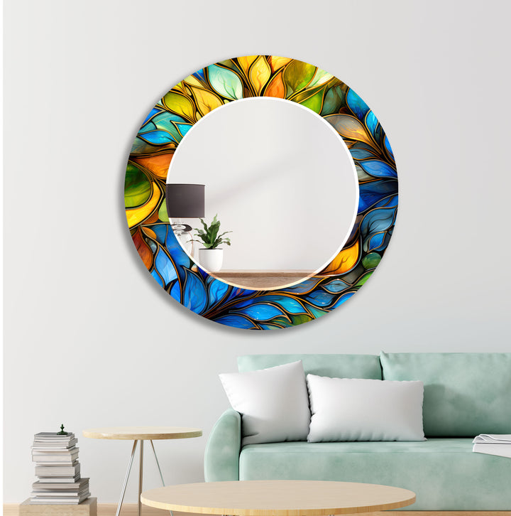 Stained Blue & Yellow Flowers Wall Mirror bathroom mirror with lights
