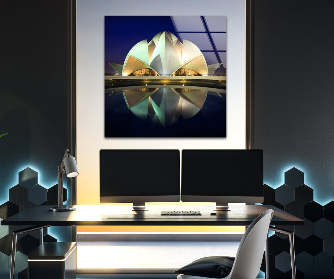 Lotus Temple Glass Wall Art – Majestic Reflection of Delhi’s Iconic Landmark at Night