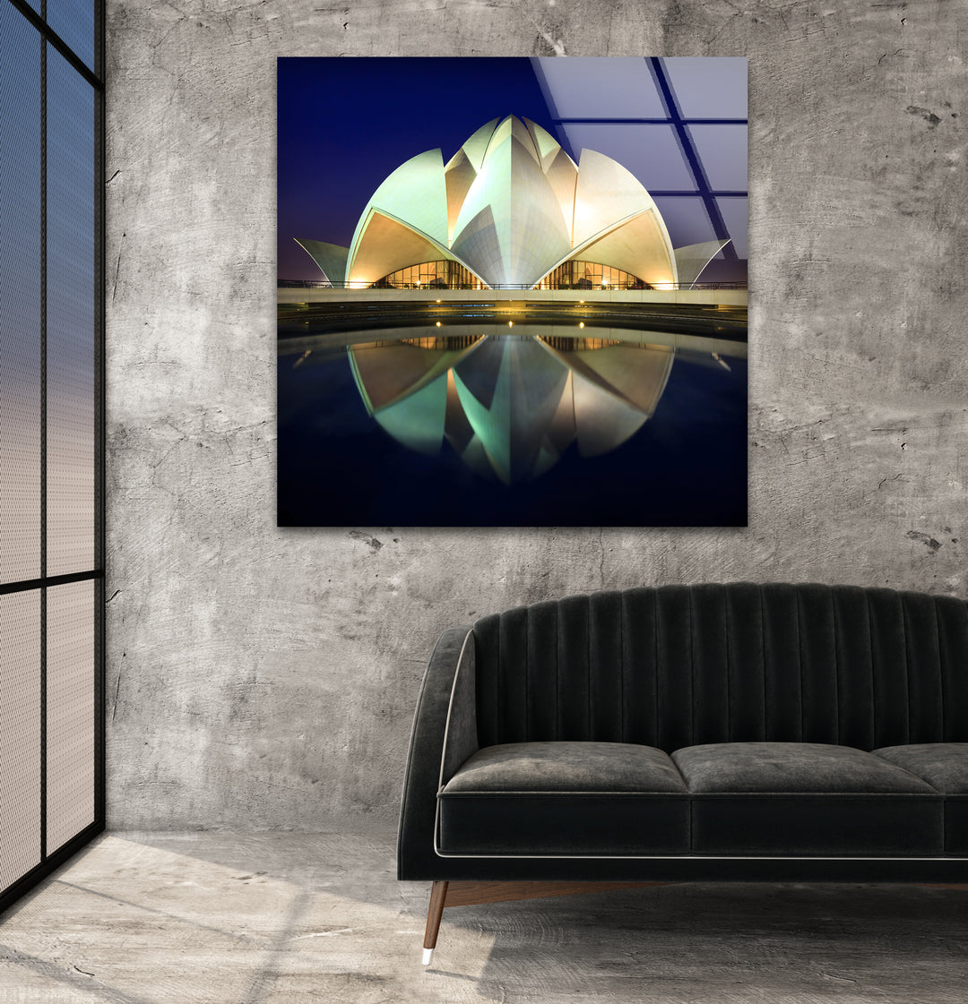 Lotus Temple Glass Wall Art – Majestic Reflection of Delhi’s Iconic Landmark at Night