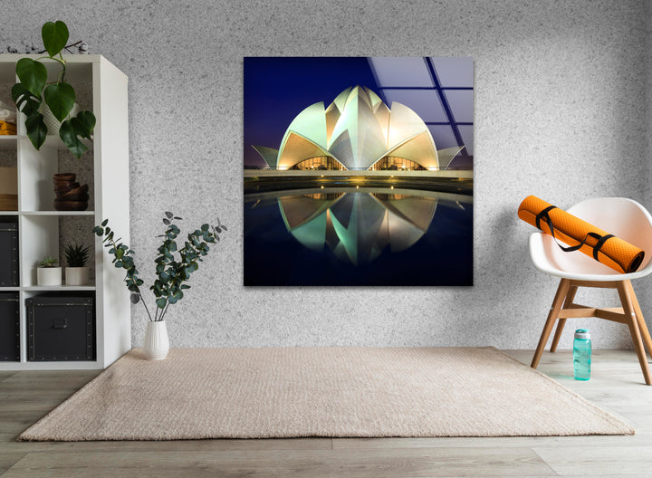 Lotus Temple Glass Wall Art – Majestic Reflection of Delhi’s Iconic Landmark at Night