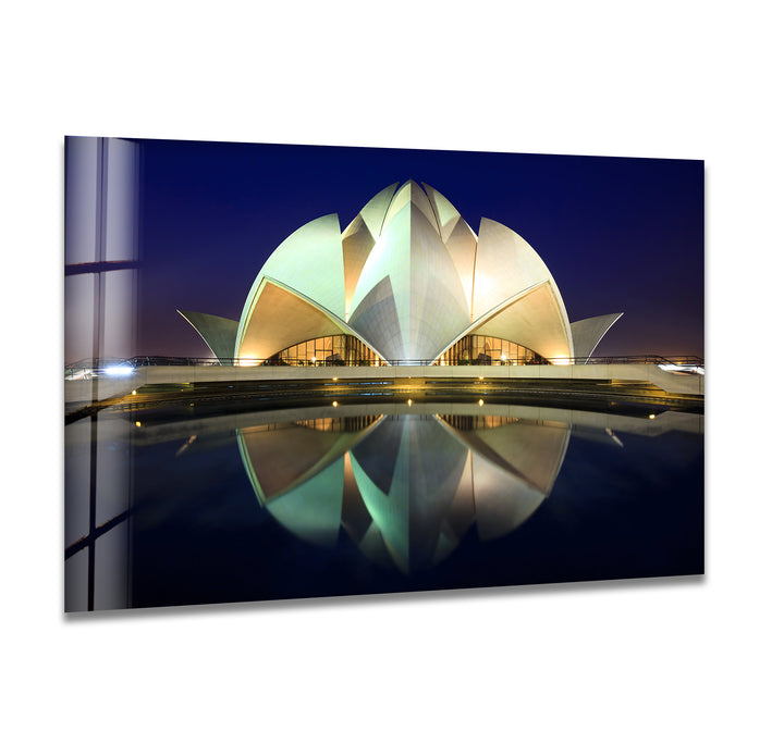 Lotus Temple Glass Wall Art – Majestic Reflection of Delhi’s Iconic Landmark at Night