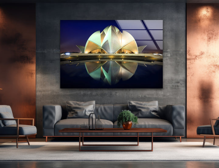 Lotus Temple Glass Wall Art – Majestic Reflection of Delhi’s Iconic Landmark at Night