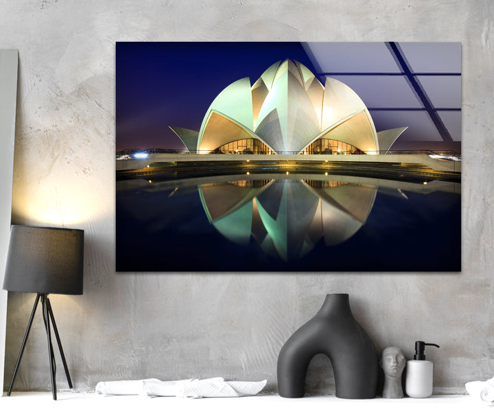 Lotus Temple Glass Wall Art – Majestic Reflection of Delhi’s Iconic Landmark at Night