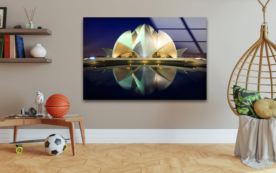 Lotus Temple Glass Wall Art – Majestic Reflection of Delhi’s Iconic Landmark at Night