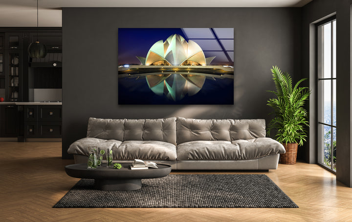 Lotus Temple Glass Wall Art – Majestic Reflection of Delhi’s Iconic Landmark at Night