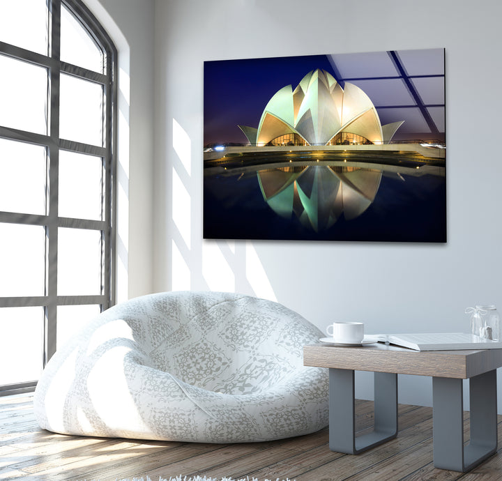 Lotus Temple Glass Wall Art – Majestic Reflection of Delhi’s Iconic Landmark at Night