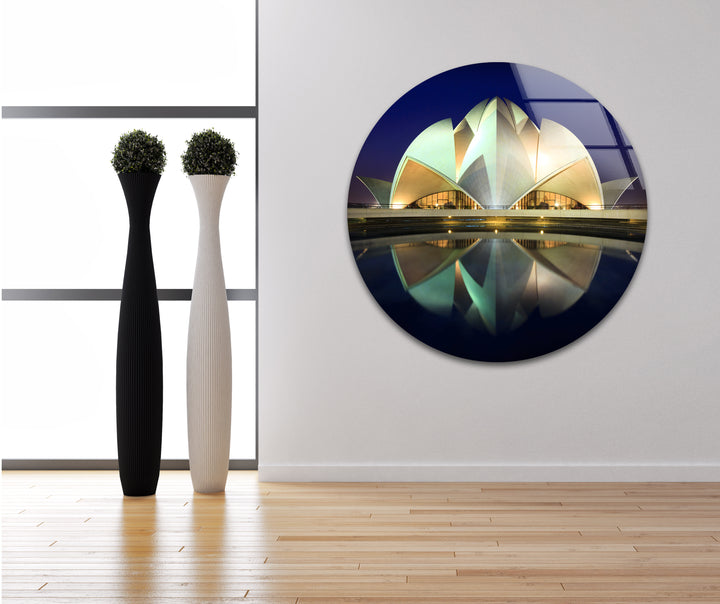 Lotus Temple Glass Wall Art – Majestic Reflection of Delhi’s Iconic Landmark at Night