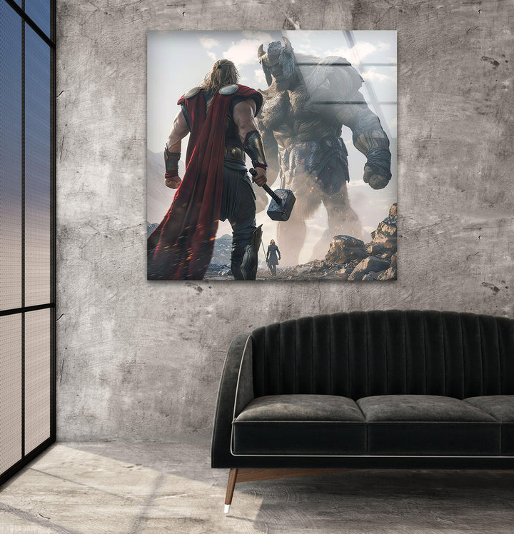 Thor vs Enemy Glass Wall Art custom glass photo prints, large glass prints
