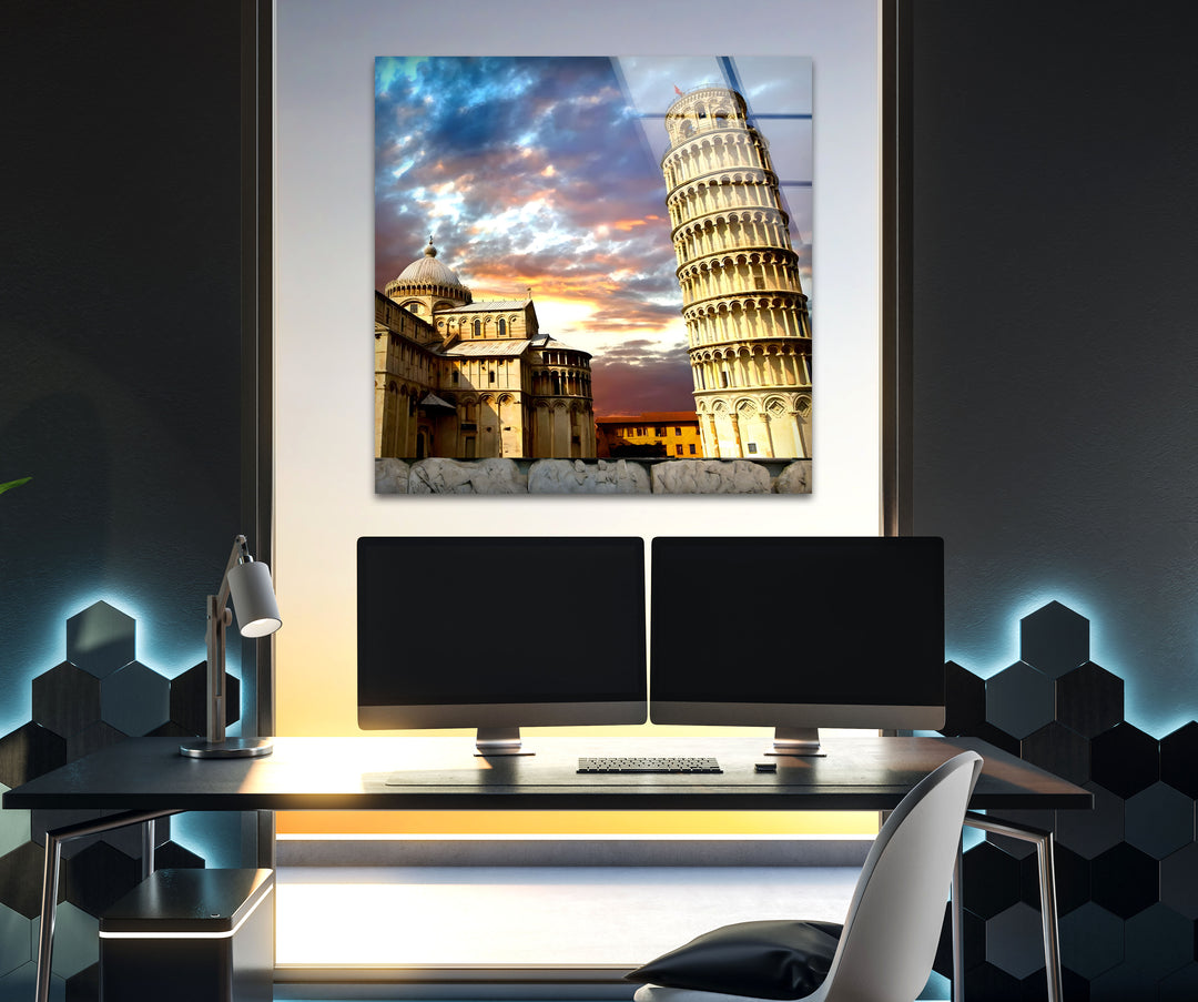 Leaning Tower of Pisa Glass Wall Art – Stunning View of Italy’s Iconic Landmark at Sunset