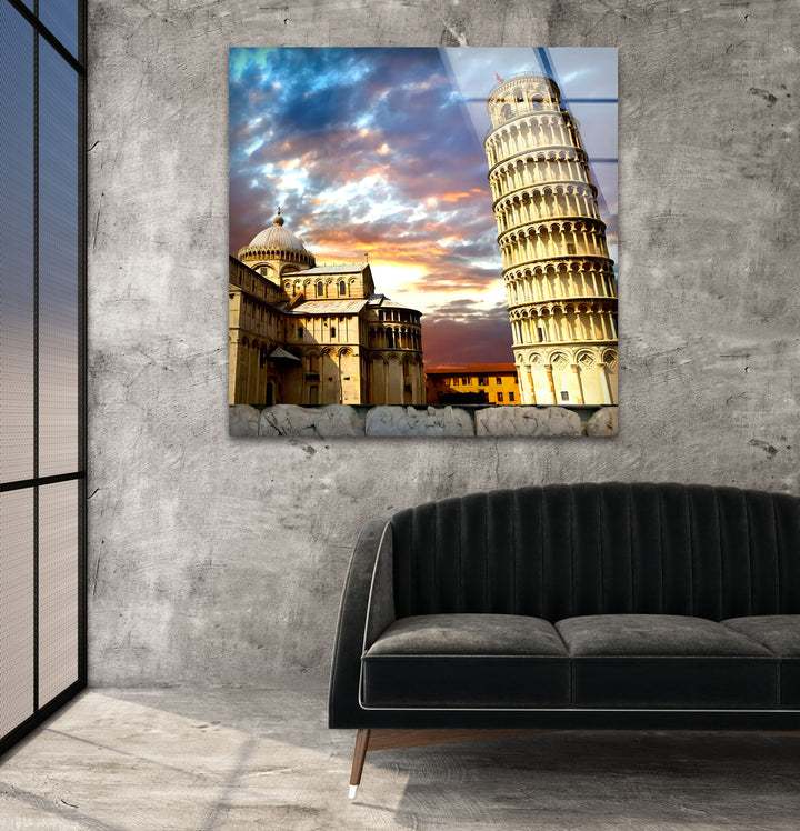 Leaning Tower of Pisa Glass Wall Art – Stunning View of Italy’s Iconic Landmark at Sunset