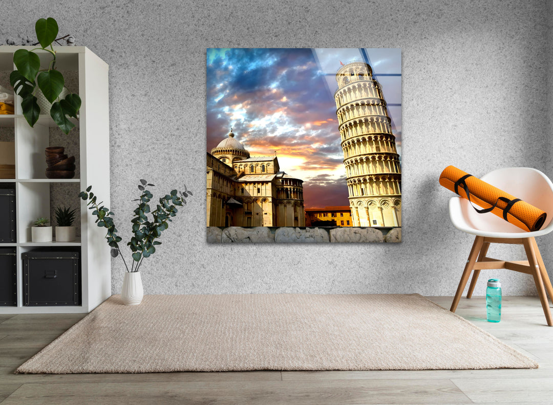 Leaning Tower of Pisa Glass Wall Art – Stunning View of Italy’s Iconic Landmark at Sunset