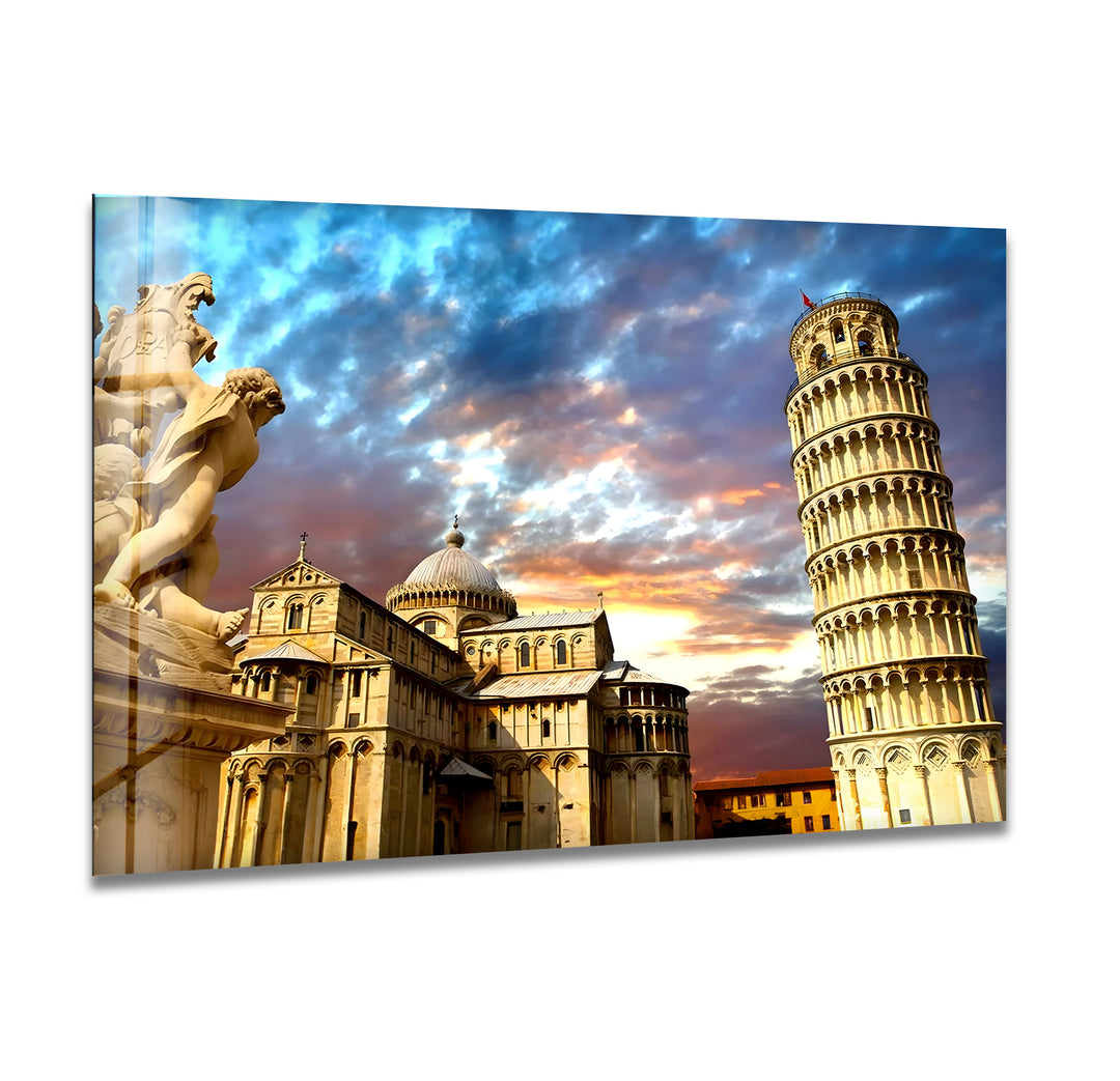 Leaning Tower of Pisa Glass Wall Art – Stunning View of Italy’s Iconic Landmark at Sunset