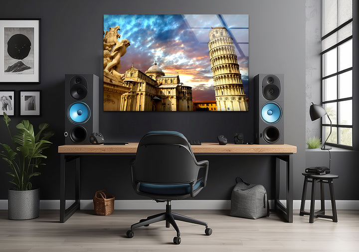 Leaning Tower of Pisa Glass Wall Art – Stunning View of Italy’s Iconic Landmark at Sunset