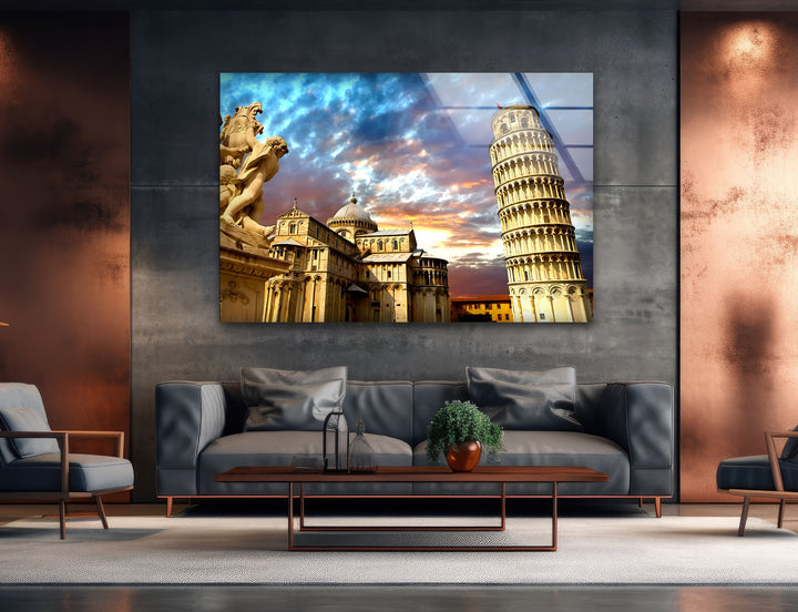 Leaning Tower of Pisa Glass Wall Art – Stunning View of Italy’s Iconic Landmark at Sunset