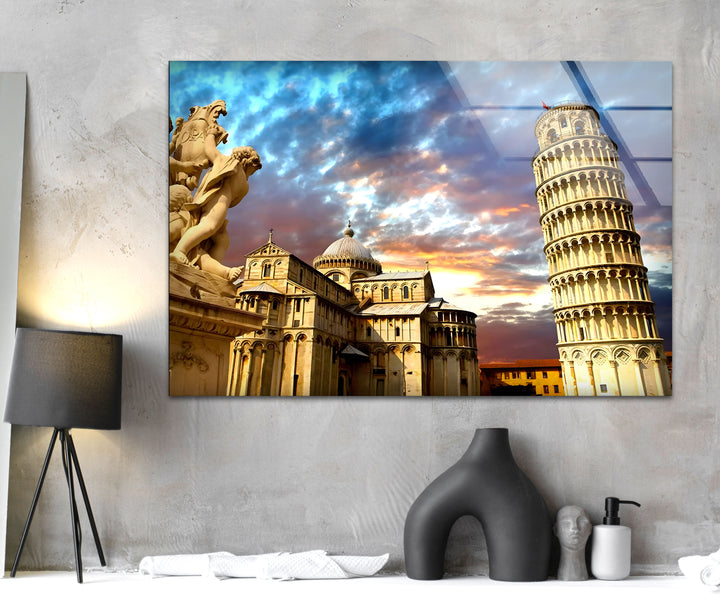 Leaning Tower of Pisa Glass Wall Art – Stunning View of Italy’s Iconic Landmark at Sunset