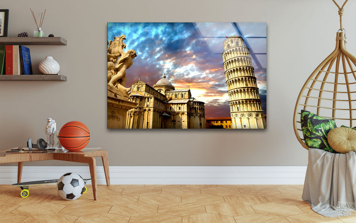 Leaning Tower of Pisa Glass Wall Art – Stunning View of Italy’s Iconic Landmark at Sunset