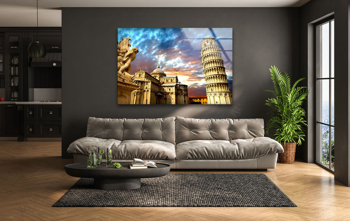 Leaning Tower of Pisa Glass Wall Art – Stunning View of Italy’s Iconic Landmark at Sunset