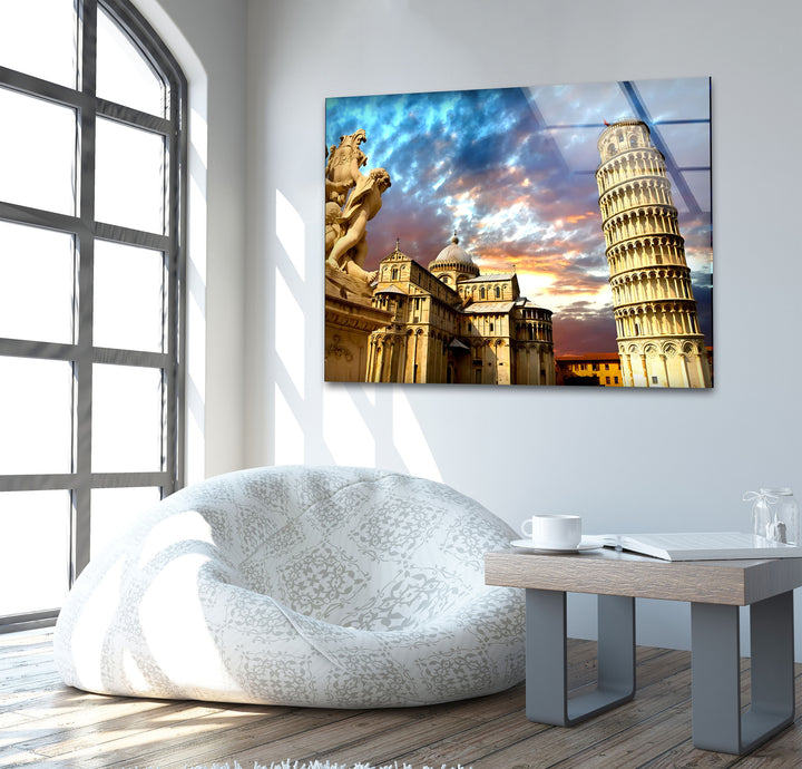 Leaning Tower of Pisa Glass Wall Art – Stunning View of Italy’s Iconic Landmark at Sunset