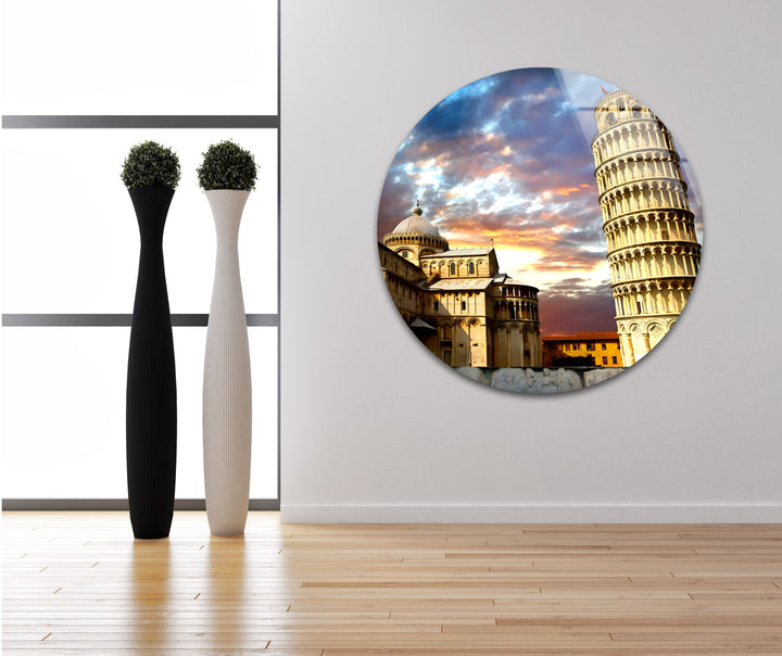 Leaning Tower of Pisa Glass Wall Art – Stunning View of Italy’s Iconic Landmark at Sunset