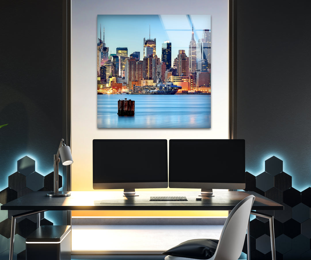 New York City Skyline Glass Wall Art – Iconic Manhattan Skyline with Stunning Waterfront View