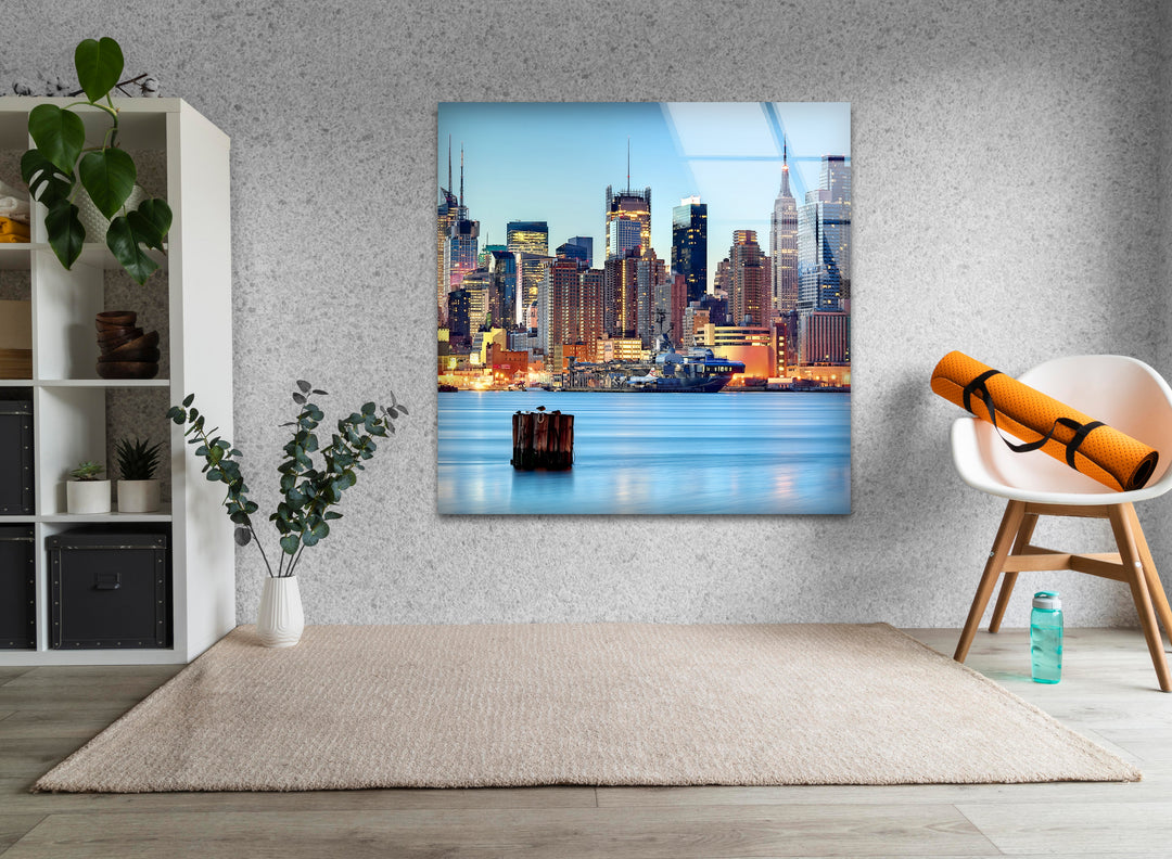 New York City Skyline Glass Wall Art – Iconic Manhattan Skyline with Stunning Waterfront View