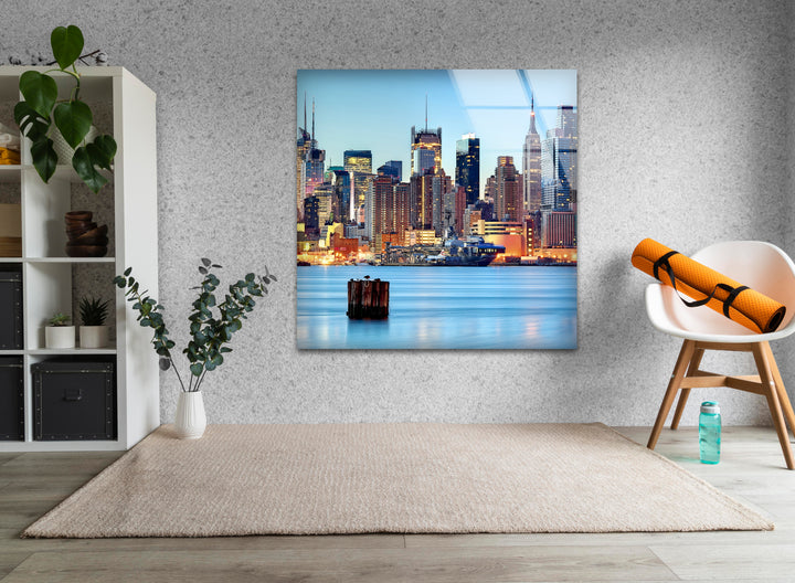 New York City Skyline Glass Wall Art – Iconic Manhattan Skyline with Stunning Waterfront View