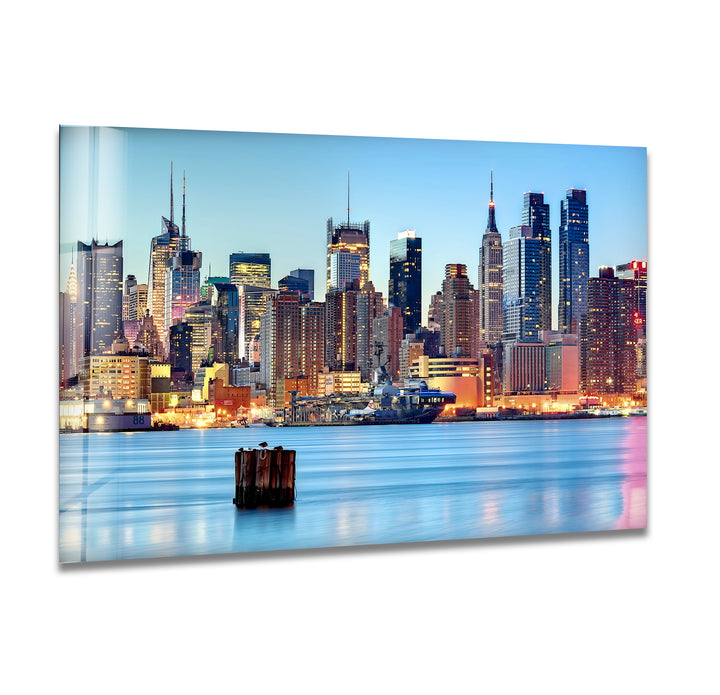 New York City Skyline Glass Wall Art – Iconic Manhattan Skyline with Stunning Waterfront View